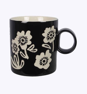 Stoneware Black Mug with Wax Resist Flower Design