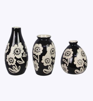 Stoneware Mini Black Vases with Wax Resist Floral 3 Ast