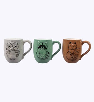 Ceramic 3D Owl/Fox/Raccoon Mugs 3 Ast