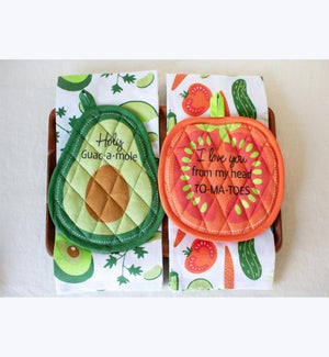 Cotton Veggie Designs Tea Towel and Oven Mitt Set 2 Ast