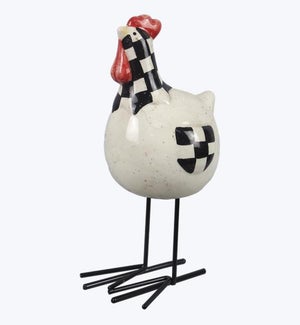 Ceramic Black and Cream Checked Hen on Metal Legs