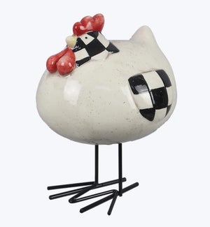 Ceramic Black and Cream Checked Fat Rooster on Metal Legs