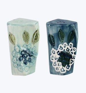 Stoneware Blue Salt and Pepper Set with Floral Design