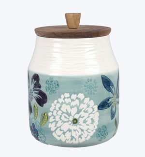 Stoneware Blue Floral Print Canister with Silicon Seal Wood Lid