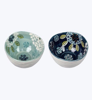 Stoneware Bowls with Blue Flower Print 2 Ast