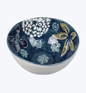 Stoneware Dark Blue Bowls with Blue Flower Print