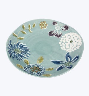 Stoneware Light Blue Plate with Flower Print