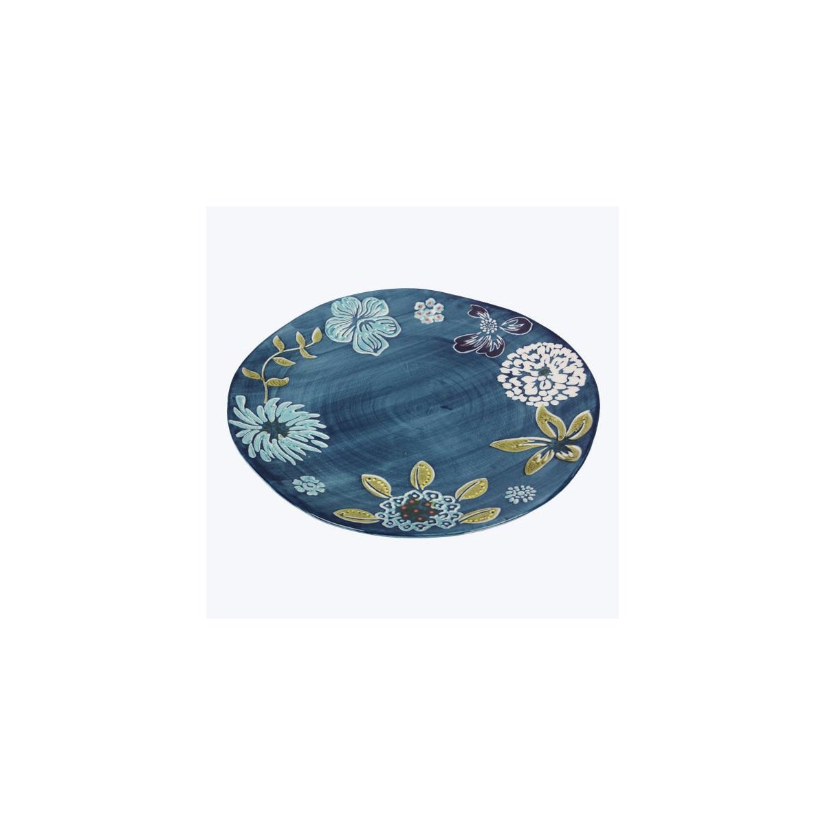 Stoneware Dark Blue Plate with Flower Print