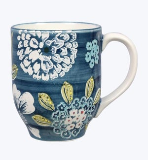 Stoneware Dark Blue Mug with White Flower Print