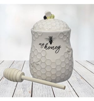 Ceramic Honey Jar with Wood Honey Dipper