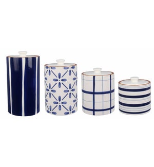Ceramic cylindrical Blue and White Canister Set of 4