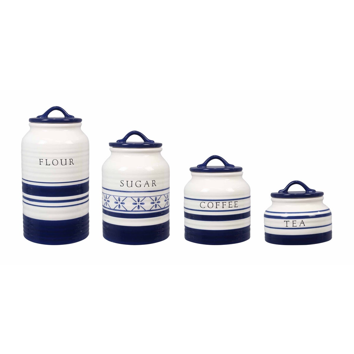 Ceramic Blue and White Canister Set of 4 with Stamped Lettering