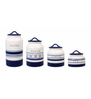 Ceramic Blue and White Canister Set of 4 with Stamped Letting