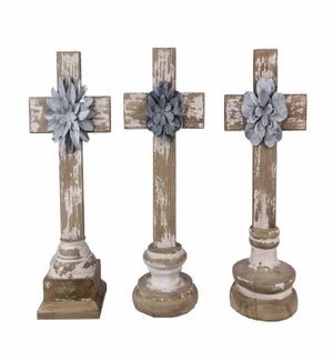 Wood Tabletop Cross with 3D Tin Flower Center 3 Ast