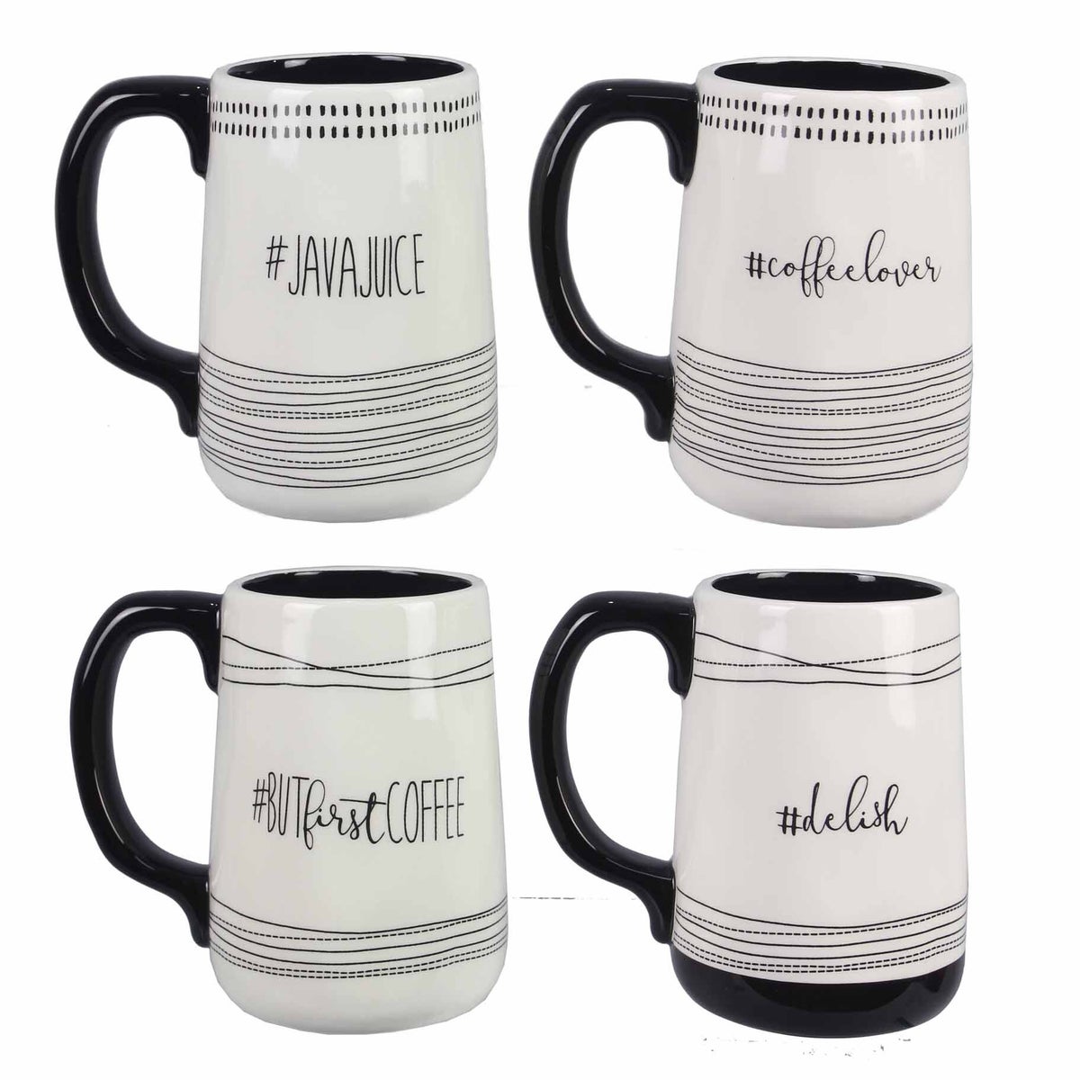 Ceramic Black and White Hashtag Coffee Mug, 4 Assorted