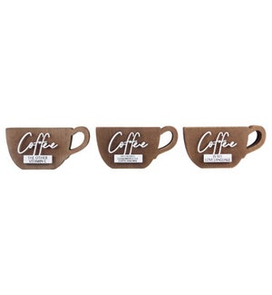 Wood Coffee Cup with Metal Cutout Words Attachment, 3 Assorted