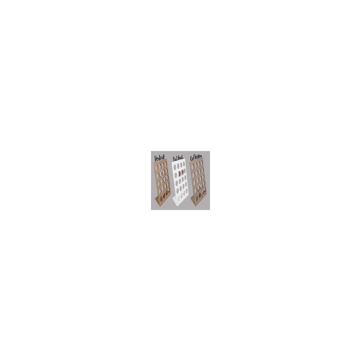 Wood Tabletop Coffee Pod Holder with Laser Cut Metal Wording on Top 3 Ast