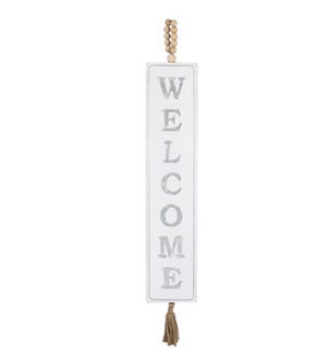 Embossed Tin White Washed Vertical Welcome Sign with Blessing Bead Hanger Accent and Tassel Finish