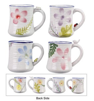 Stoneware Pressed Floral Mugs, 4 Assorted