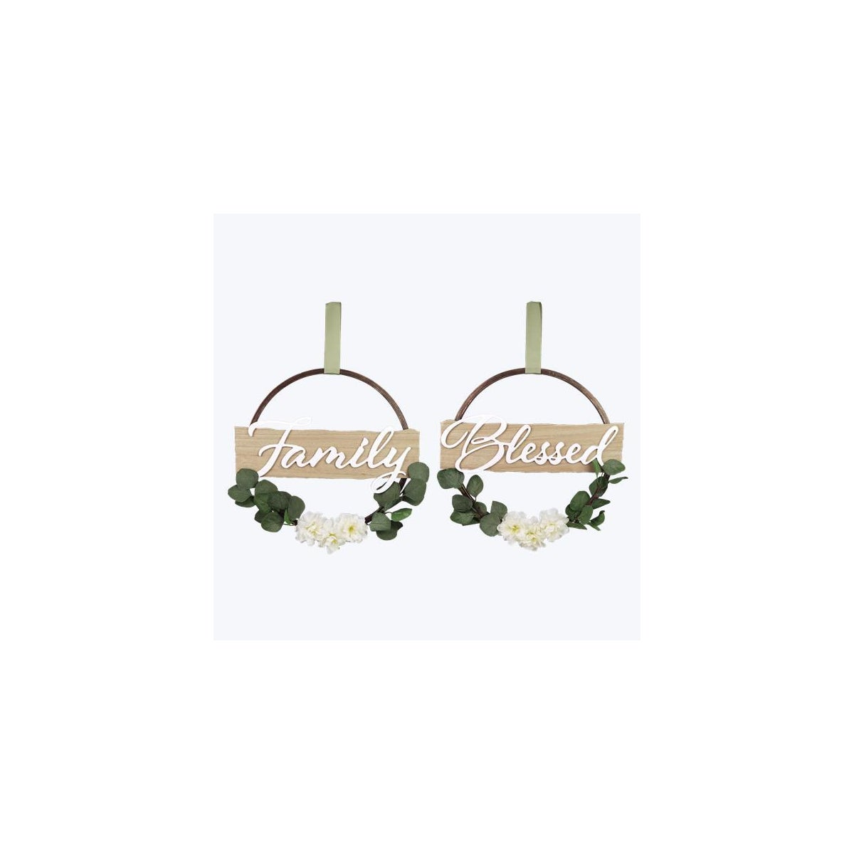 Wood Hoop Wall Sign with Artificial Flowers, Family, Blessed, 2 Assorted