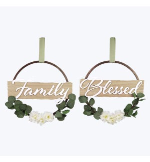 Wood Hoop Wall Sign with Artificial Flowers, Family, Blessed, 2 Assorted