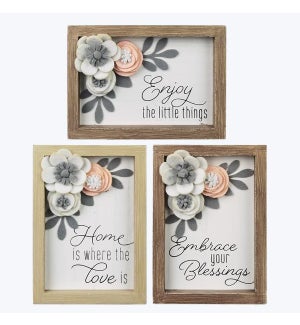 Wood Framed Wall/Tabletop Sign with Felt Flower Accent, 3 Assorted