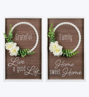 Wood Framed Wall Sign with Blessing Bead/Artificial Flower Accent, 2 Assorted