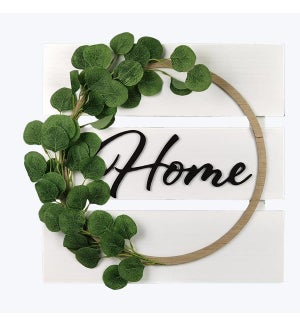 Wood Slat Wall Sign with 3D Lift Home, Artificial Plant Accent