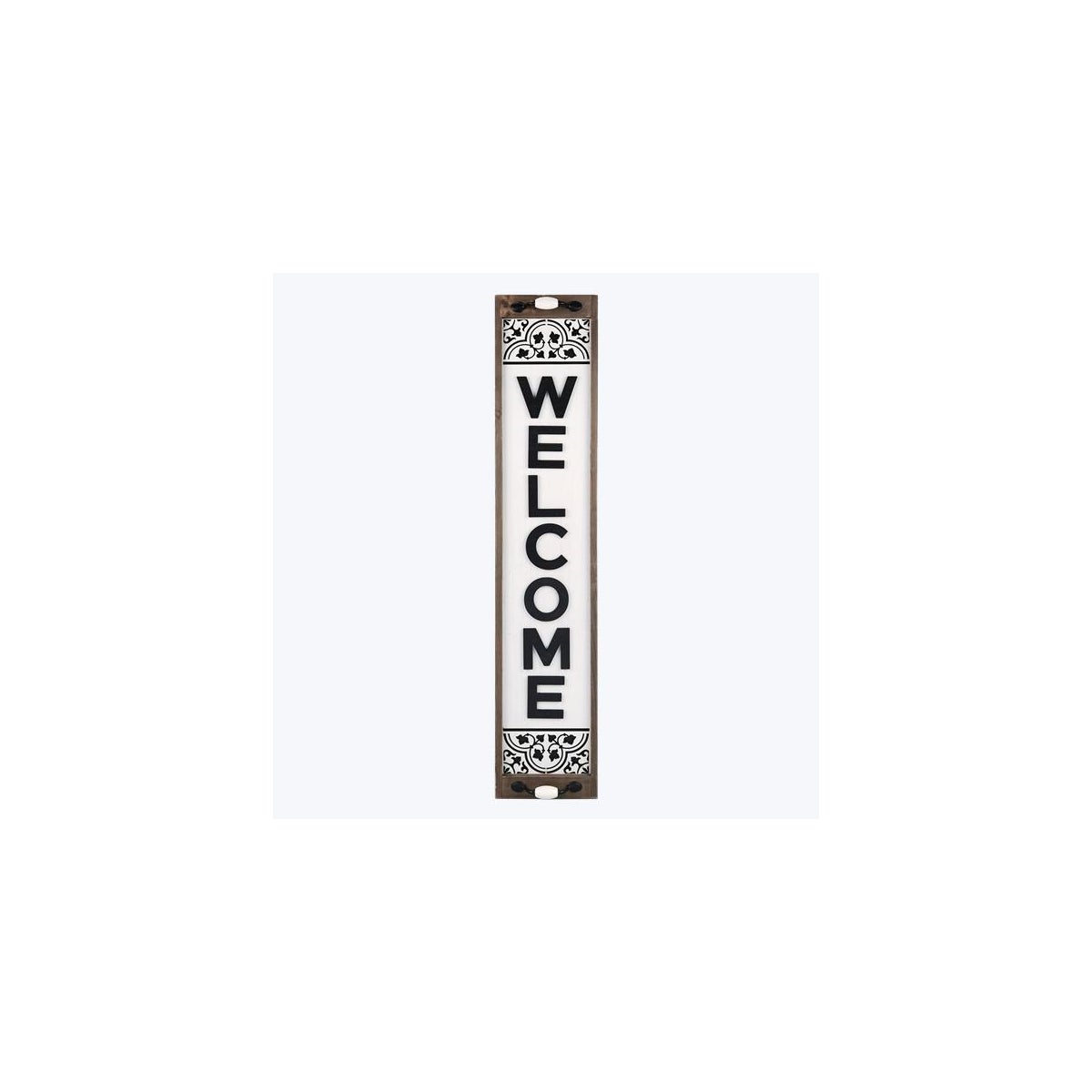 Wood Framed Black and White Vertical Welcome Sign/Leaner with Lift and Metallic Hardware