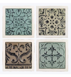 Antiqued Metal Ceiling Tile in Wood Frame Wall Sign, 4 Assorted