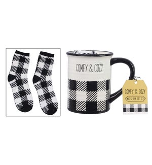 Ceramic Black and White Buffalo Plaid Socks in a Mug Gift Set