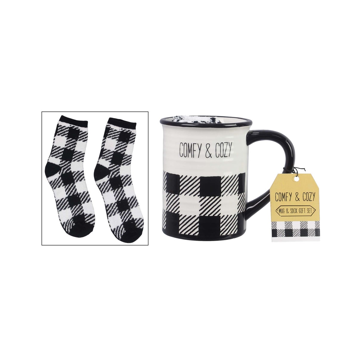 Ceramic Black and White Buffalo Plaid Socks in a Mug Gift Set