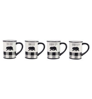 Ceramic Black and White Buffalo Plaid Papa and Mama Bear Mugs, 4 Assorted