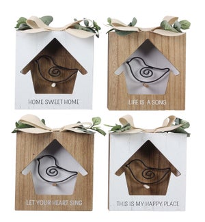 Wood Shadow Box Bird House Wall Art with Artificial Sprigs 4 Ast