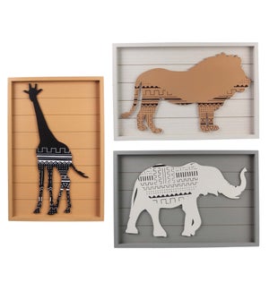 Wood Animal Print Wall Art, Giraffe, Lion, Elephant,  3 Assorted Natural White, Gray, Wood