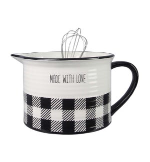 Ceramic Black and White Buffalo Plaid Mixing Bowl with Whisk