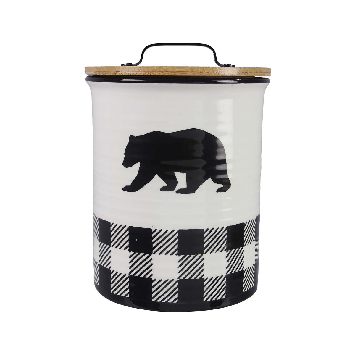 Ceramic Black and White Buffalo Plaid Bear Treat Jar