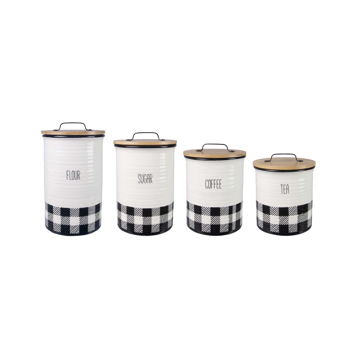 Ceramic Black and White Plaid Canister set of 4 with Bamboo Lids and Silicone Seal