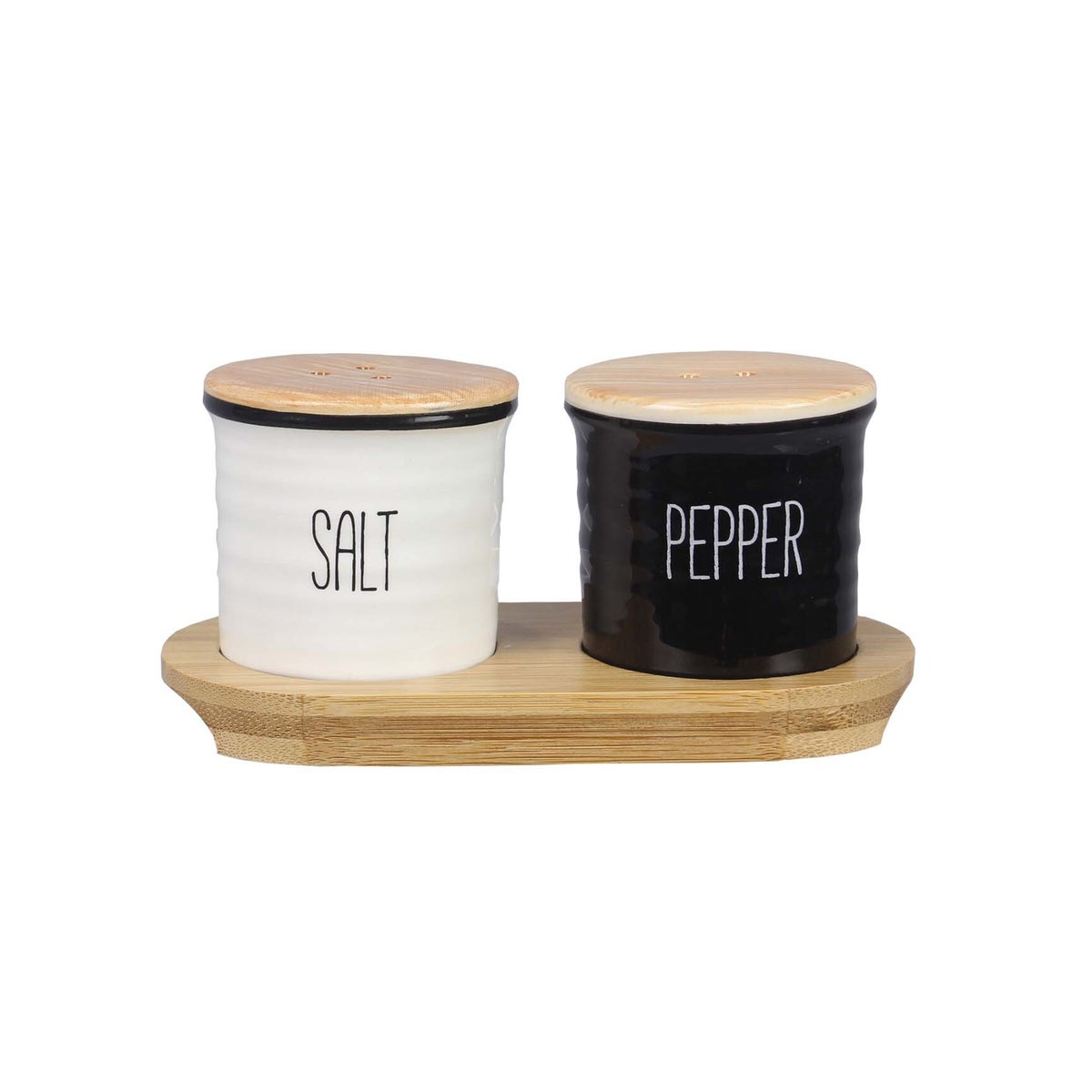 Ceramic Black and White Salt and Pepper with Bamboo Base