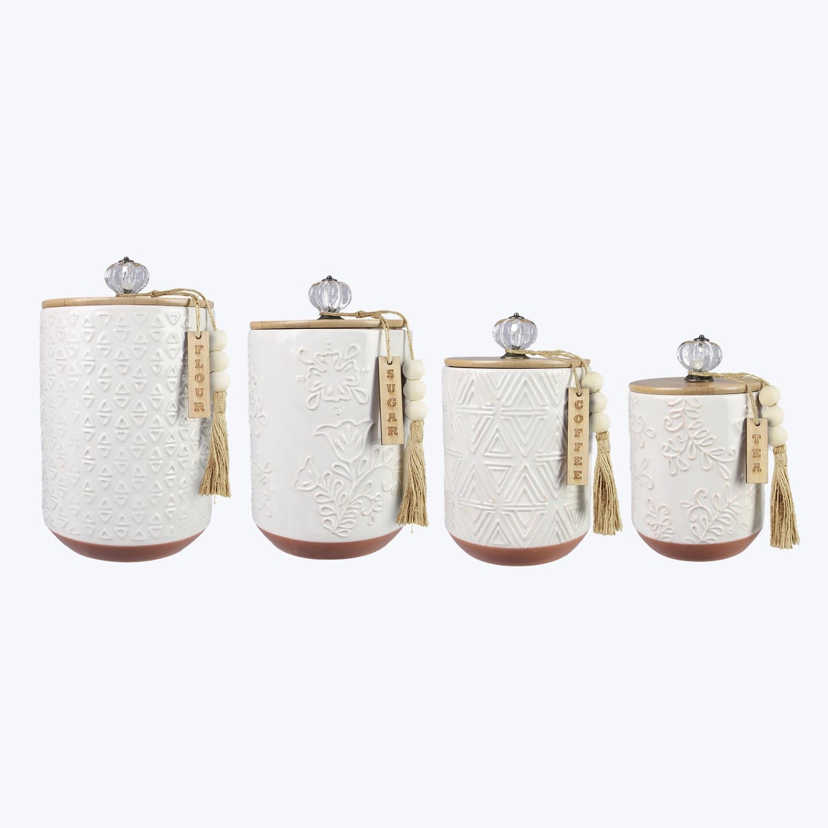 Ceramic Canister with Wood Lid/Silicone Seal. Crystal Knob & Blessing Bead Tassel Accent, 4 pc/set