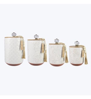 Ceramic Canister with Wood Lid/Silicone Seal.  Crystal Knob and Blessing Bead Tassel Accent, 4 pc/se