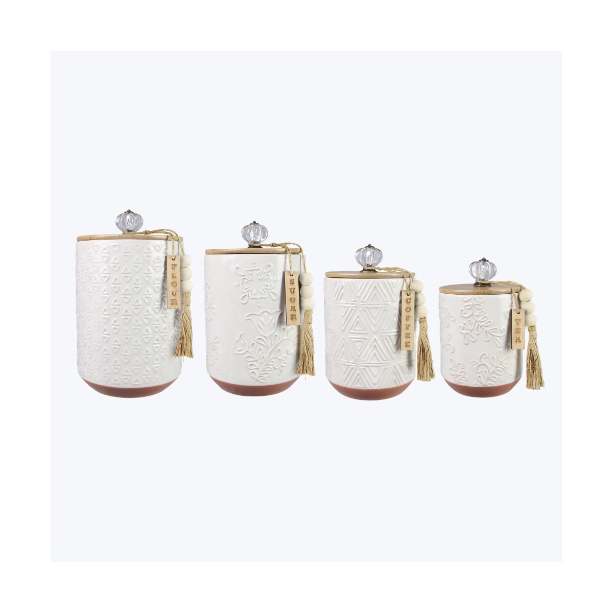 Ceramic Canister with Wood Lid/Silicone Seal. Crystal Knob & Blessing Bead Tassel Accent, 4 pc/set