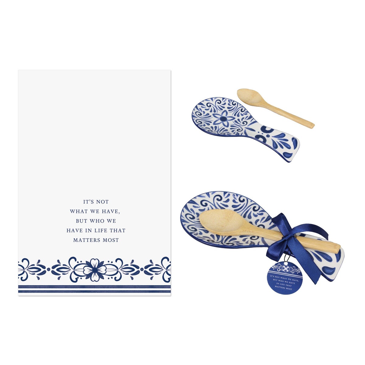 Ceramic Blue and White Talavera Spoon Rest with Bamboo Spoon and Tea Towel