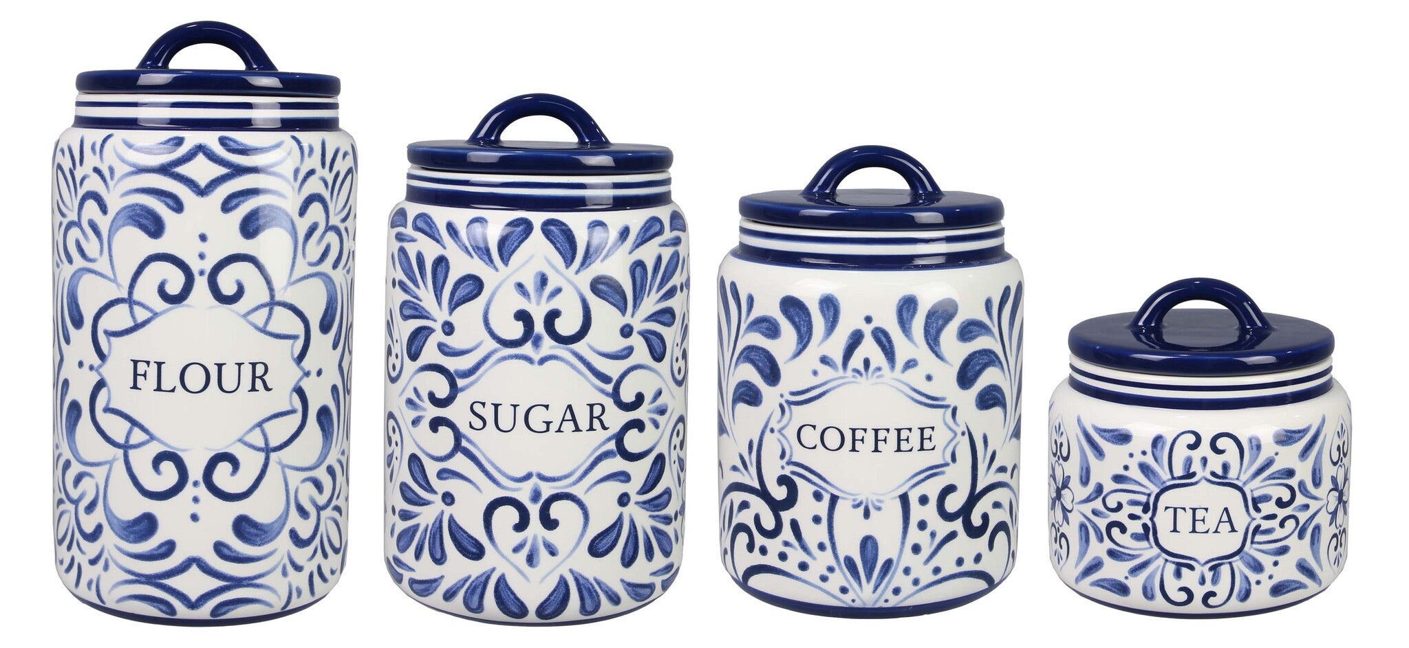 Young's Inc Ceramic Blue And White Talavera Canister 4pcs Set With