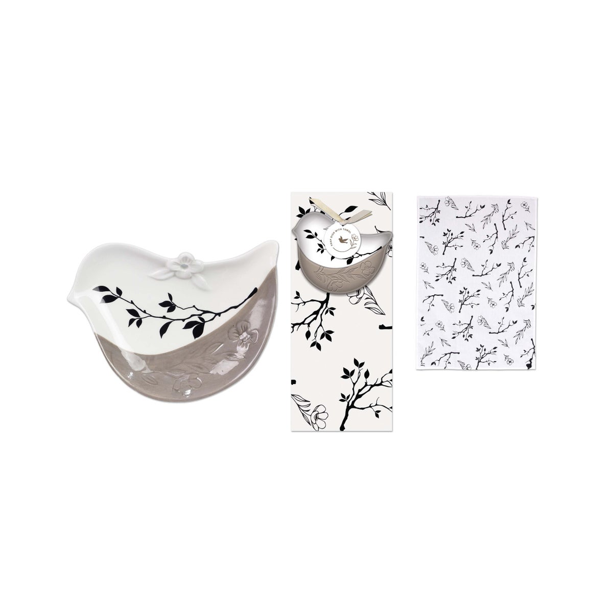 Ceramic Gray and White Bird Soap Dish with Cotton Towel Set