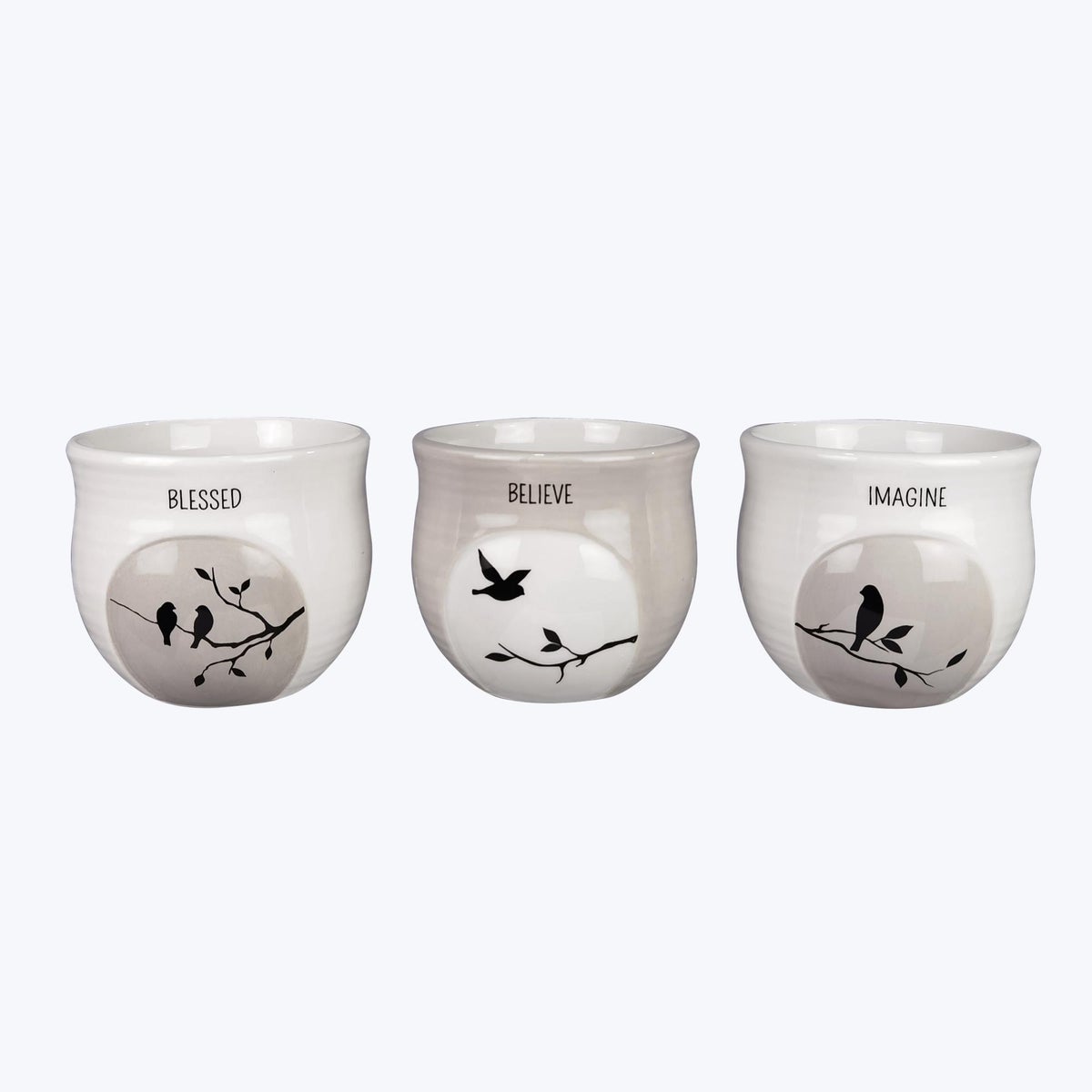 Ceramic Decorative Pots, 3 Assorted Gray and White Botanical Design