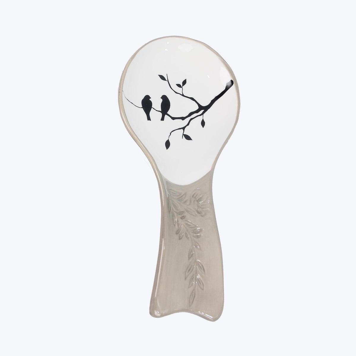 Ceramic Gray and White Botanical/Bird Design Spoon Rest