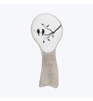 Ceramic Gray and White Botanical/Bird Design Spoon Rest