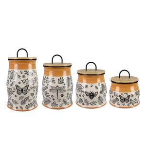 Stoneware Black and Natural White Botanical Canisters Set of 4 with Wood Lid and Silicone Seal