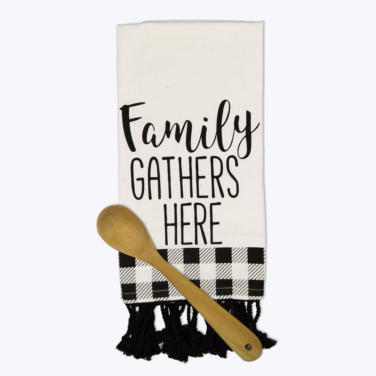 Black and White Plaid Kitchen Towel with Wood Spoon Set